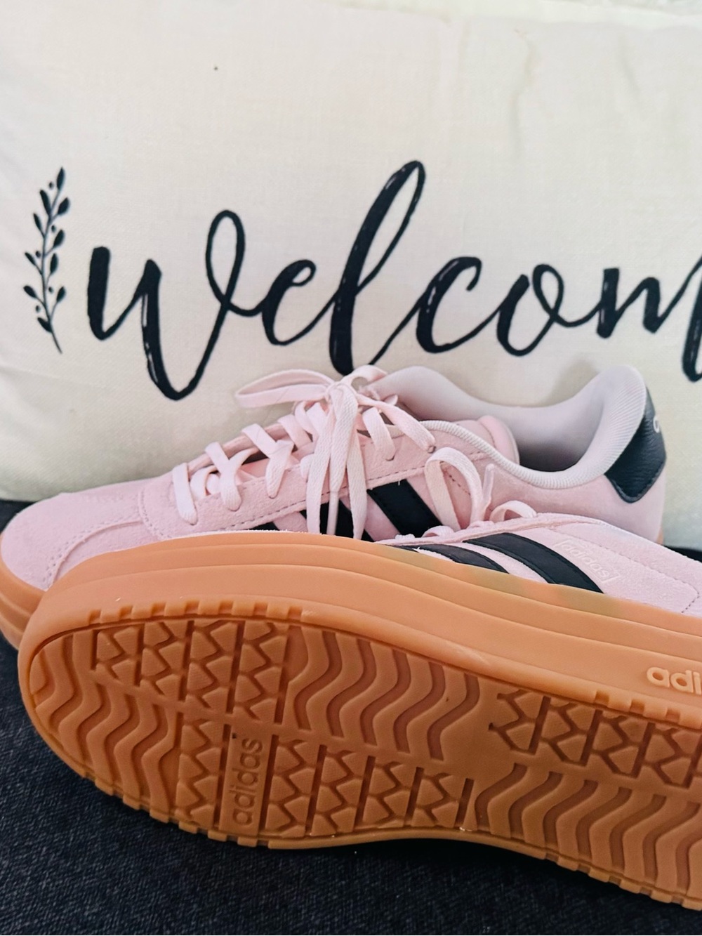 adidas Pink Suede Sneakers with Black Stripes and Gum Platform - Picture 2 of 3